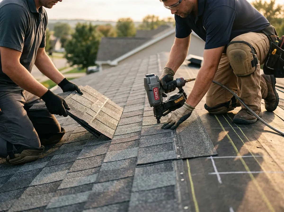 Professional roofer working on a residential roof in Fort Polk South